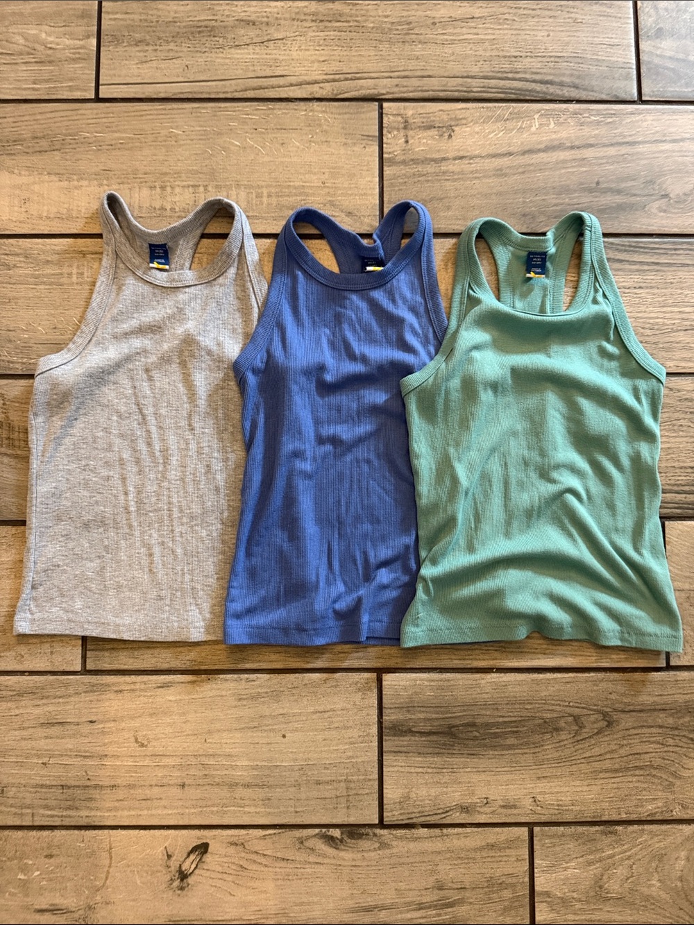 Old Navy Racerback Ribbed Tank Trio — Gray, Blue, Green